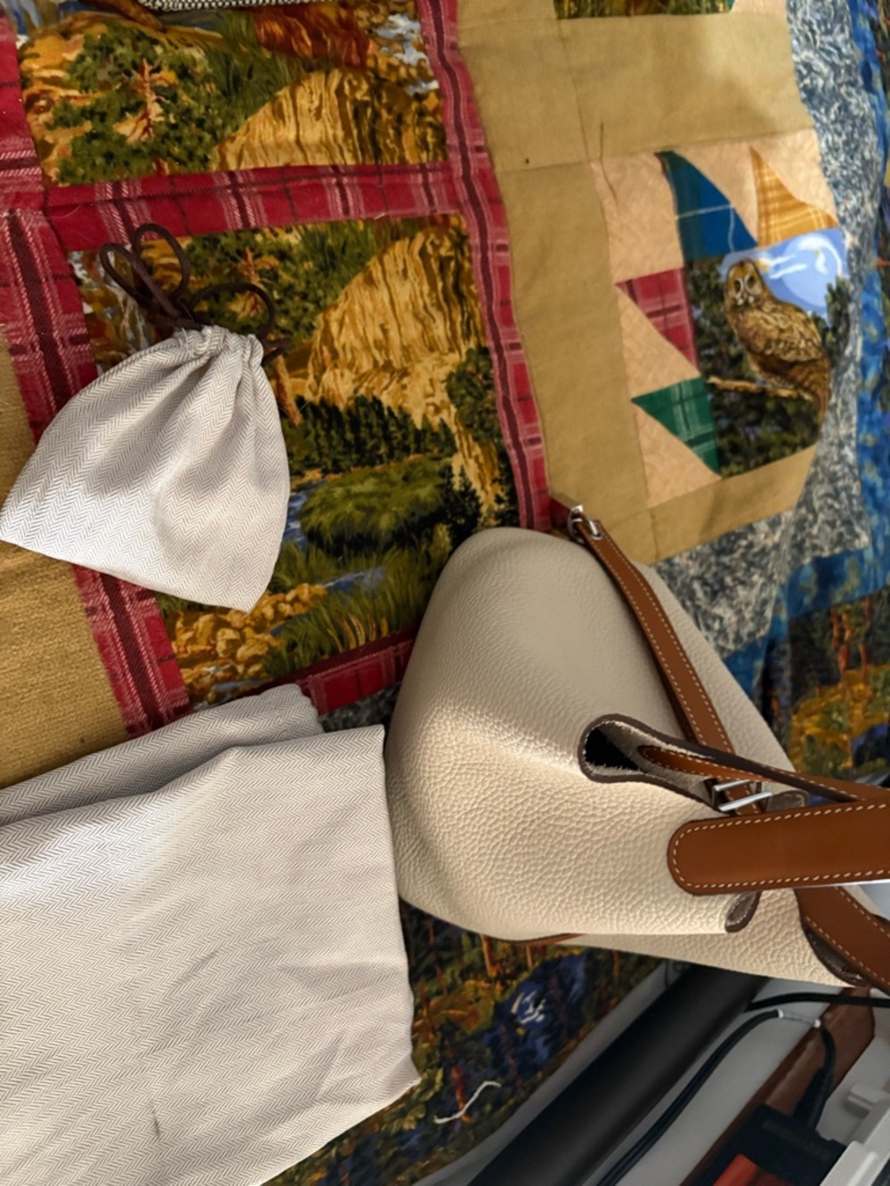 Cream Pebbled Mini Bucket Bag with Brown Trim